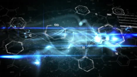 Animation-Chemischer-Strukturen-Und-Blauer-Digitaler-Welle-Vor-Schwarzem-Hintergrund