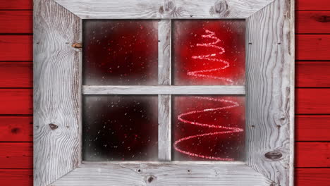 Animation-of-window-over-snow-falling-and-light-spots-forming-christmas-tree