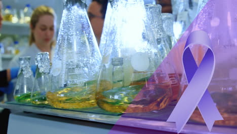 Animation-of-purple-ribbon-against-chemicals-in-flasks-spinning-on-magnetic-stirrer-at-laboratory