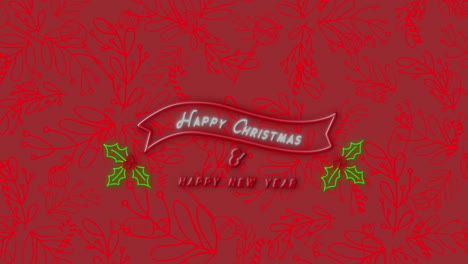 Animación-De-Texto-De-Neón-Feliz-Navidad-Y-Año-Nuevo-Contra-Un-Patrón-De-Diseño-Floral-Sobre-Fondo-Rojo