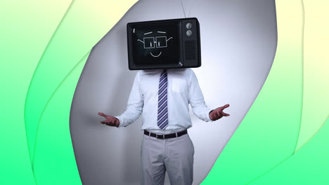 Animation-of-caucasian-man-with-tv-instead-of-head-over-yellow-and-green-background