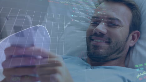 Animation-of-stock-market-data-processing-over-caucasian-man-using-a-smartphone-in-hospital-bed