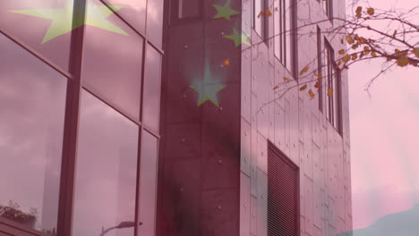 Animation-Der-Chinesischen-Flagge-über-Bürogebäuden