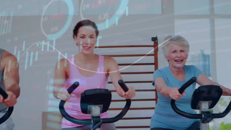 Animation-of-data-processing-over-caucasian-women-on-stationery-bikes-in-gym