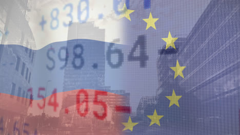 Animation-of-flags-of-eu-and-russia-over-stock-market-and-cityscape