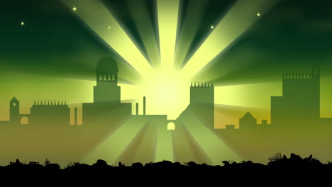 Animation-of-city-and-green-shooting-star-on-green-background