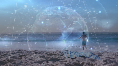 Animation-of-globe-with-connections-over-caucasian-man-running-on-beach-by-sea