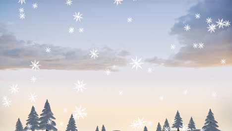 Animation-of-snowflakes-falling-over-trees-on-winter-landscape-against-sunset-sky