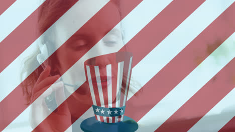Animation-of-in-american-flag-hat-and-stripes-over-caucasian-woman-talking-using-phone-headset