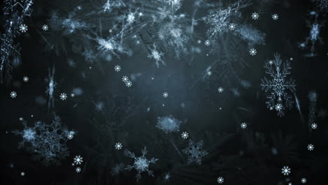 Animation-of-snowflakes-floating-and-falling-against-grey-background-with-copy-space