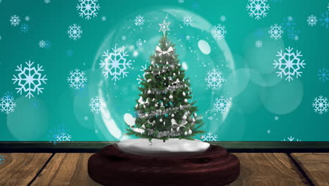 Animation-of-snowflakes-and-shooting-star-over-christmas-tree-in-a-snow-globe-on-wooden-plank