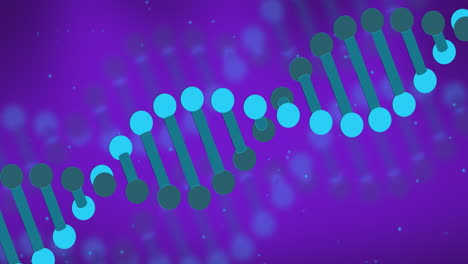 Animation-of-spinning-dna-structure-and-blue-spots-against-purple-background-with-copy-space