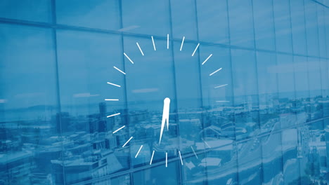 Animation-of-ticking-clock-against-reflection-of-cityscape-on-skyscraper