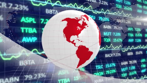 Animation-of-stock-market-data-processing-over-spinning-globe-and-world-map-on-blue-background