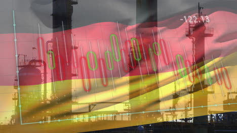 Animation-Eines-Roten-Diagramms,-Datenverarbeitung-Und-Der-Deutschen-Flagge-über-Einer-Fabrik