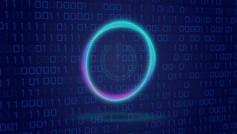 Animation-of-neon-circle-with-power-over-binary-code-on-digital-screen