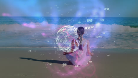 Animation-Von-Globus-Und-Zahlen-über-Einer-Kaukasischen-Frau,-Die-Am-Strand-Meditiert