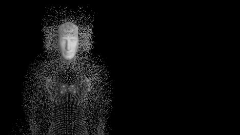 Animation-of-white-particles-forming-a-human-body-model-against-copy-space-on-black-background