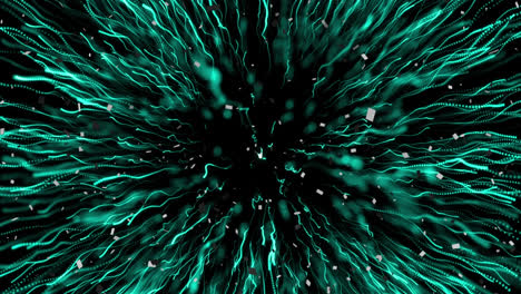 Animation-of-white-particles-over-green-light-trails-bursting-against-black-background