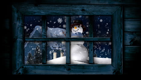Animation-of-window-over-snow-falling-and-winter-landscape-with-snowman-and-house