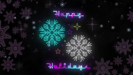 Animation-Von-Beleuchteten-Schneeflocken-Und-Frohe-Feiertage-Text-über-Sternen-Auf-Schwarzem-Hintergrund