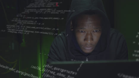 Animation-of-data-processing-over-african-american-male-hacker-in-server-room