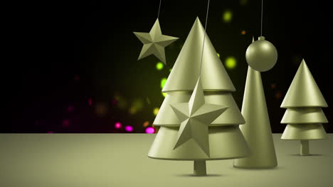 Swinging-gold-christmas-stars-and-bauble-over-gold-trees-on-black-background-with-colourful-lights