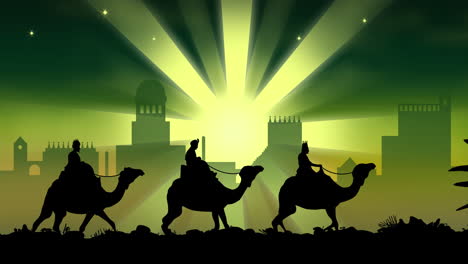 Animation-Der-Silhouette-Der-Heiligen-Drei-Könige-über-Der-Stadt-Und-Einer-Grünen-Sternschnuppe-Auf-Grünem-Hintergrund