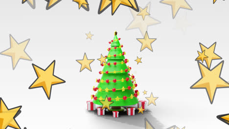 Animation-Von-Sternen-über-Weihnachtsbaum-Auf-Weißem-Hintergrund
