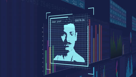 Animation-Des-Biometrischen-Fotos-Und-Der-Datenverarbeitung-Auf-Blauem-Hintergrund
