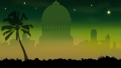 Animation-of-palm-tree-and-city-over-green-background