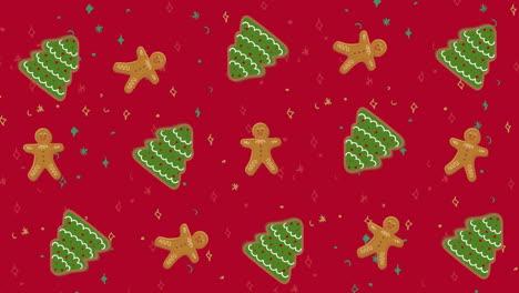 Animation-Von-Lebkuchen--Und-Weihnachtsbaumsymbolen-Vor-Rotem-Hintergrund