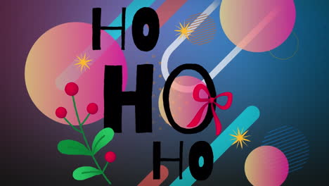 Animation-of-ho-ho-ho-text-banner-over-abstract-shapes-on-purple-gradient-background-with-copy-space