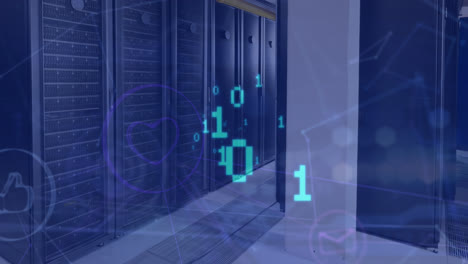Animation-of-binary-codes-over-connected-icons-against-server-room-in-background