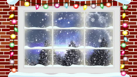Animation-Von-Schnee,-Der-über-Ein-Fenster-Fällt,-Mit-Weihnachtlichen-Lichterketten-Und-Einer-Winterlandschaft