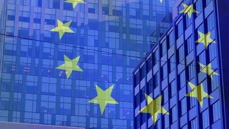 Animation-Einer-Wehenden-EU-Flagge-Vor-Dem-Hintergrund-Hoher-Gebäude