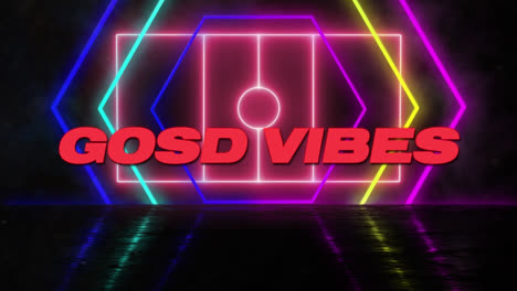 Animation-of-good-vibes-text-over-moving-neon-stadium-and-shapes