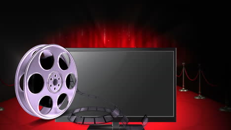 Animation-of-film-spool-and-flatscreen-monitor-over-red-carpet,-curtain-and-flashing-lights