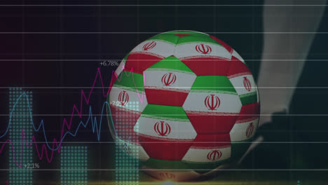 Animation-of-graphs-and-numbers,-low-section-of-player-kicking-soccer-ball-iran-national-flag