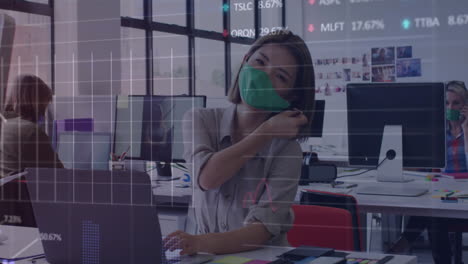Animation-of-stock-market-data-processing-over-asian-woman-removing-face-mask-smiling-at-office