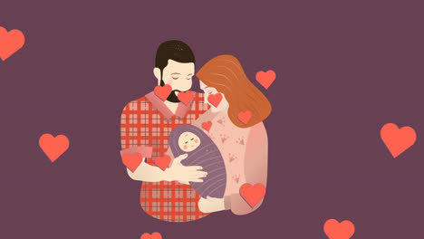 Animation-of-caucasian-couple-with-baby-over-purple-background-with-hearts