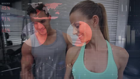 Animation-of-data-processing-over-caucasian-woman-working-out-with-dumbbell-with-male-trainer-at-gym