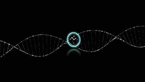 Animation-Einer-Beleuchteten-Uhr-über-Punkten,-Die-Eine-DNA-Helix-Vor-Schwarzem-Hintergrund-Bilden