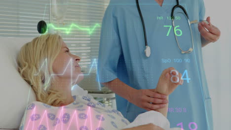 Animation-of-heart-rate-monitor-over-female-health-worker-examining-caucasian-female-patient