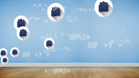 Animation-of-multiple-message-icons-and-changing-symbols-against-blue-wall