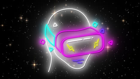 Animation-Eines-Neonkopfes-Mit-VR-Headset-über-Leuchtenden-Sternen-Auf-Schwarzem-Hintergrund