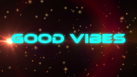 Animation-Eines-Neonfarbenen-Good-Vibes-Textbanners-über-Leuchtenden-Sternen-Und-Lichtpunkten-Auf-Schwarzem-Hintergrund