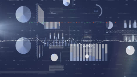 Animation-of-multiple-graphs-with-loading-circles-and-trading-board-against-abstract-background