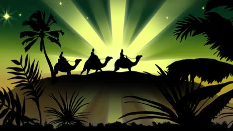Animation-of-silhouette-of-three-wise-men-over-green-shooting-star-on-green-background