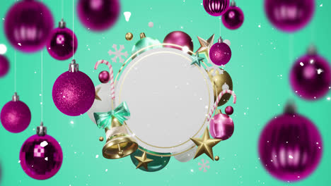 Animation-of-snow-falling-and-christmas-decorations-over-circle-with-copy-space-on-green-background